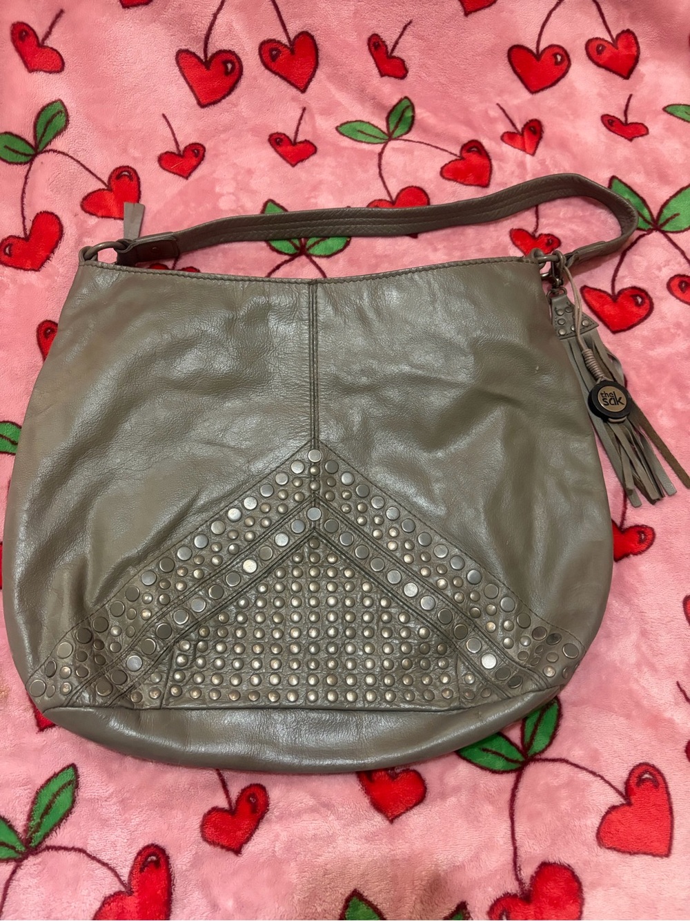 The Sak Indio Studded Hobo Bag Grey Leather Tassel Shoulder Bag